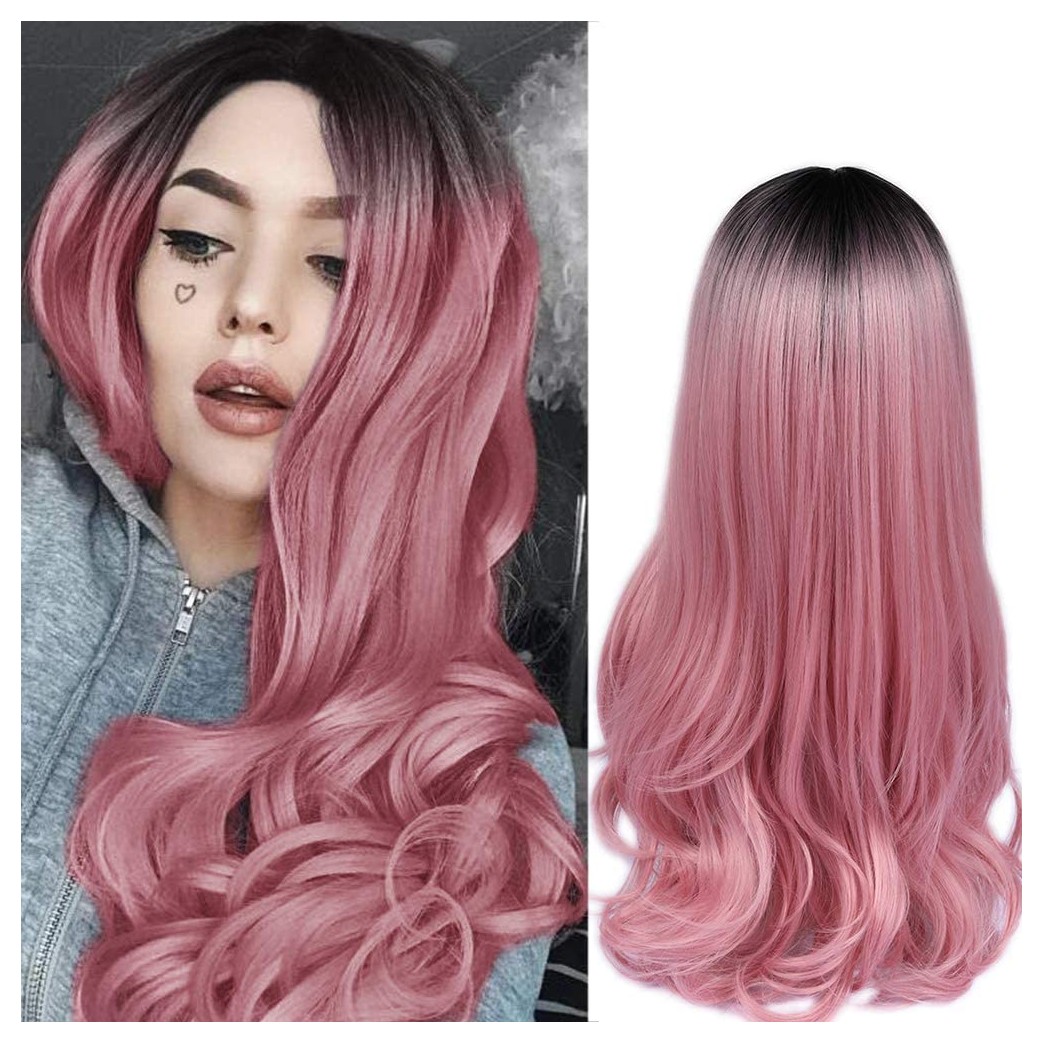 Lady Miranda Ombre Wig Black to Pink Color High Density Heat Resistant Synthetic Hair Weave Full Wigs for Women (Black&Pink)