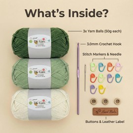 Crochet Yarn Kit, 3×50g 60% Cotton 40% Acrylic Combed Cotton Yarn with 3mm Hook & Accessories, DK Wool for Beginners Amigurumi Socks Blankets (Green-3)