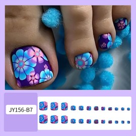 Blue Purple Flower Gradient Press on Toenails Short Square Fake Toenails Matte Full Cover Toe Nails for Women