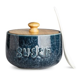 LYEOBOH Sugar Bowl with Lid and Spoon,17 OZ Large Sugar Jar for Countertop, Ceramic Sugar Dish for Coffee Bar, Azucarera for Farmhouse Home and Kitchen - Housewarming Gift, Starry Navy