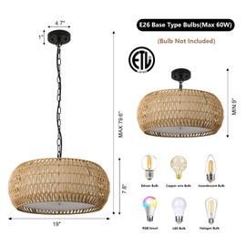 ALAISLYC 19 Inch Boho Chandeliers for Dining Room 5-Lights Farmhouse Light Fixtures Large Pendant Light Hand Woven Dining Table Light Fixture Rattan Hanging Lamp for Kitchen Island