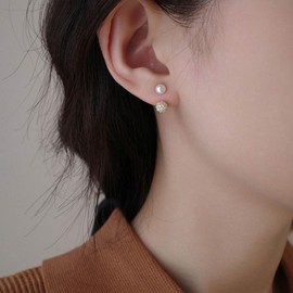 W WEILIRIAN Boho Pearl Jacket Earrings Crystal Bead Earrings Gold Pearl Stud Earrings Pearl Wedding Earrings Front Back Earrings Jewelry for Women and Girls Gifts