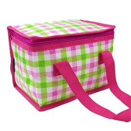 Fashion Stationery Lunch Bag Insulated Cooler Kids Adults Folding Reusable Pack Lunch Bags for Girls Boys Kids Picnic Bag Gingham Pink and Lime Green