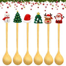 6 Pcs Christmas Coffee Spoon Stainless Steel Christmas Spoon Xmas Dessert Tea Spoons with Reindeer Santa Christmas Tree Snowman for Coffee Dessert Ice Cream Sundae (Color B)