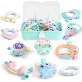 Sonajero Masticar Set, Mordedera para Bebe Juguetes, Mordedera para Bebe de BPA, Juguetes Educativos para Niños Que Estimulan La Mente y Las Manos de Los Más Pequeños (Caja de regalo 1（11pcs）)