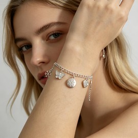 Charm Bracelet for Women Sterling Silver - Adjustable Dainty Layered Bracelets with 9 Charms, Silver Jewelry Gift for Women