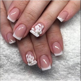 Handmade Nails 3D Embossed Press on Nails Short Square MABKJLF White French Tip Fake Nails Flower False Nails with Floral Designs Full Cover Glossy Glue on Nails Acrylic Nails for Women Girls 24 Pcs