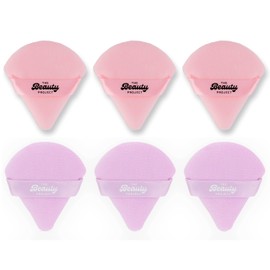 The Beauty Project Premium 6-Pack Triangle Powder Puff Set - Ultra-Soft Velour & Cotton Sponges for Application - Makeup Puffs for Body Powder, Foundation, Concealer, & Blending (Purple/Pink)