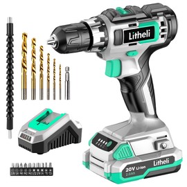 Litheli Cordless Drill Set, 20V Max Power Drill, 3/8” Keyless Chuck, 18+1 Torque Settings, Variable Speed, w/ 2.0 Ah Battery and 1 Hour Fast Charger Included