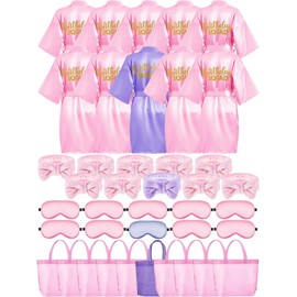 Bokon 40 Pcs Girls Spa Party Supplies 10 Birthday Squad Princess Robe 10 Tote Bags 10 Headbands 10 Spa Masks for Birthday (Size 8,Pink, Light Purple)