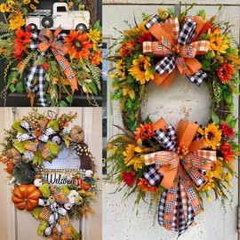 3 Rolls Fall Thanksgiving Wired Edge Ribbon 9.9 Yard Buffalo Plaid Ribbons with Pumpkin Pattern Wrapping Ribbon for Thanksgiving Party Autumn Harvest Decoration Wreath DIY Craft(Orange)