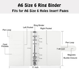 Antner A6 Binder 6 Ring Refillable Notebook Budget Planner for A6 Filler Paper, PU Leather Loose Leaf Personal Planner Wallet Money Organizer Cash Stuffing Binder with Magnetic Buckle Closure, White