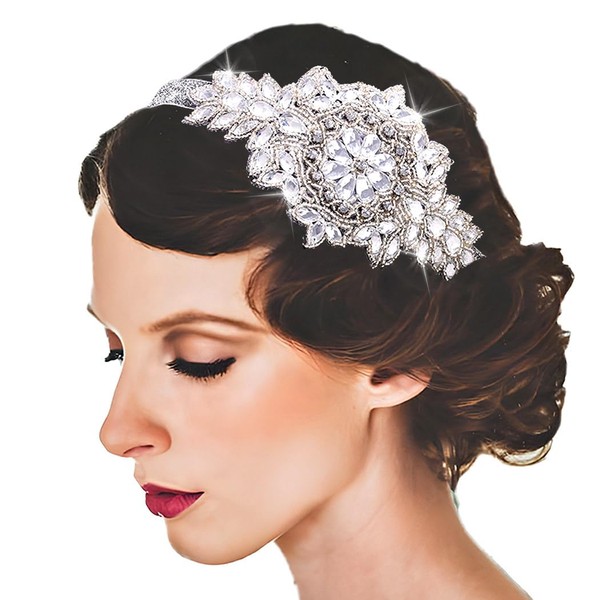 Formery Sparkly Rhinestones Flapper Headband White Crystal 1920s Headpiece Rhinestones