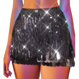 Zoestar Sparkly Black Sequin Fringe Belly Dance Skirt Mermaid Costume Outfit for Women (US, Alpha, One Size, Regular, Regular, 4 Black)