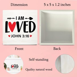 Ptikx Christian Desk Decor I Am Loved Bible Verses John 3:16 Scriptures Wood Sign Decor Home Desk Tabletop Shelf Decor, Valentines Day Decorations 5 x 5 Inches