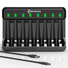 PEYHFCCE AA AAA 8 Bay Battery Charger with USB-C High-Speed Charging, Independent Slot for 1.2V Ni-MH Rechargeable Batteries