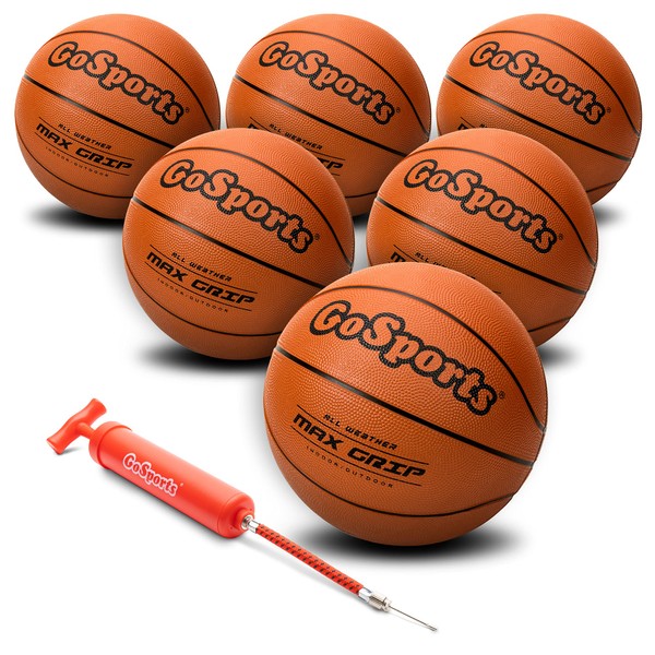 GoSports Indoor/Outdoor Rubber Basketballs - Six Pack of Size 7 Balls with Pump & Carrying Bag