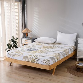 Fitted Sheet 160 x 200 cm - Gold Leaves Pattern - Fitted Sheet up to 30 cm Mattress Height - Flat Sheet Soft Polyester Microfibre White