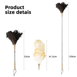 Feather Duster Extendable Handle，53In Telescopic Duster with 1 Ostrich Feather Duster head, 1Lambswool Dusters head, 1 telescopic pole and 1 hooks Ideal for Home, Car, Office Cleaning