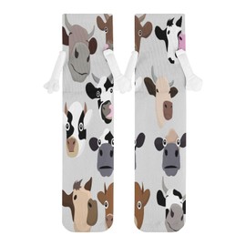 1 Pair Soft Socks White Holding Hands, Compression Knee High Stockings Long Athletic Circulation 16x3.9 in Print Cow Head Sets Seamless on Grey