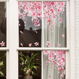 LOONELO Cherry Blossom Window Clings, Double-Sided Sakura Summer Jungle Window Stickers, Nature-Inspired Glass Decals for Bedroom, Living Room, Kitchen, Office, Home Seasonal Decor