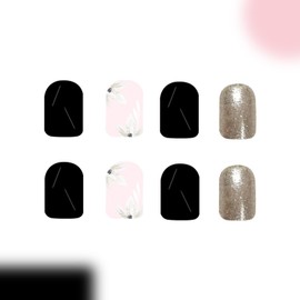 Flower Press on Nails Short Square Fake Nails with Designs Glitter False Nails Black Glossy Full Cover Shiny Acrylic Nails Summer Glue on Nails Cute Artificial Stick on Nails for Women Manicure 24 Pcs