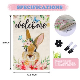 Welcome Bunny Spring Flag Outside 12 x 18 Inch Double Sided,Burlap Yard Flags for Outdoors, Spring Flowers,Rabbit and Easter Eggs Vertical Flag, Easter House Flags Décor, Easter Garden Flags