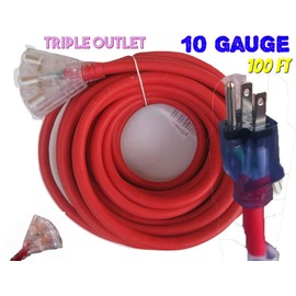 10 Gauge Triple Tap Extension Cord with Lighted Ends Contractor Grade 100' 10 Gauge Power Extension Cord 10/3 Plug Heavy Duty Indoor Outdoor Triple Outlet (100 ft 10 AWG 100% Copper, red)