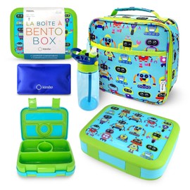 kinsho Bento Lunch Box and Insulated Bag, Water Bottle & Ice Pack Set for Kids Toddlers, 4 Portion Sections, Removable Tray, PreSchool Kid Toddler Daycare Lunches, Snack Container, Robot