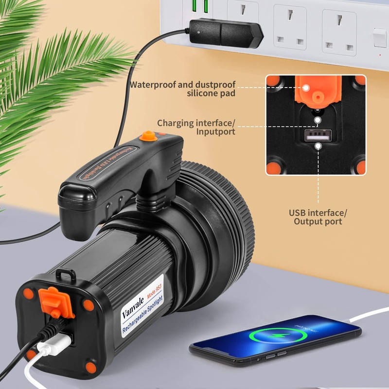 Vanvale Rechargeable Searchlight Handheld LED Tactical Flashlight with Handle Spotlight