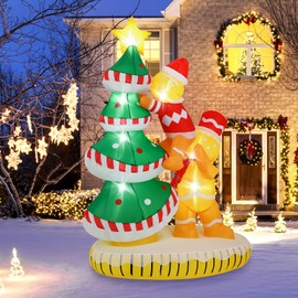 Tangkula 7 FT Lighted Christmas Inflatable Gingerbread Men Climbing Christmas Tree with LED Lights & Built-in Fan, Stakes & Ropes Included, Pre-Lit Xmas Holiday Decoration for Yard, Lawn