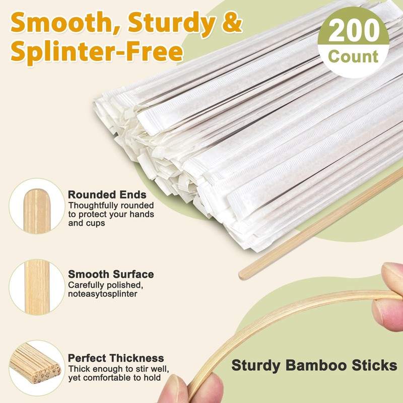 EZYoutdoor 5.5 Inch Individually Wrapped Coffee Stir Sticks, 200 Pack