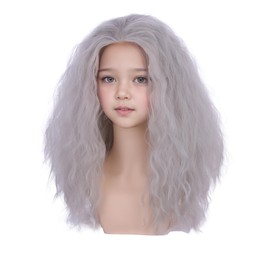 Edivd Silver Gray Wig for Kids Girls Long Silver Grey Curly Wavy Wig Heat Resistant Synthetic Wigs with Cap