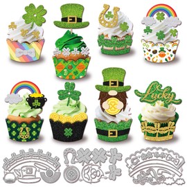 GLOBLELAND St. Patrick's Day Cupcake Cutting Dies Metal 3D Cupcake Wrappers Cutting Die Template Four Leaf Clover Paper Cutting Dies for Scrapbooking Card Making Crafts Paper Cards