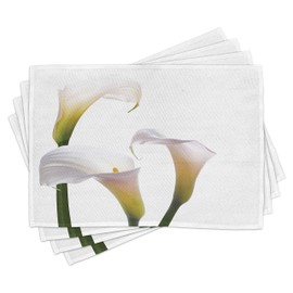 ABAKUHAUS Flower Place Mats Set of 4, Calla Lilies Romantic, Washable Fabric Placemats for Dining Room Kitchen Table Decor, Green White Yellow