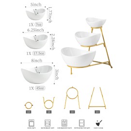 Miamolo 3-Tier Serving Bowl Set Tiered Serving Tray for Chips and Dip Serving Dishes for Entertaining Perfect for Candy, Appetizer, Chips and Salad Snack Packets Party Table Display Set Gold Stand