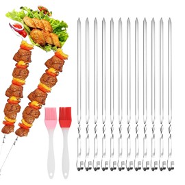 Barbecue Skewers, Stainless Steel, Pack of 20 Barbecue Skewers Made of Rustproof Stainless Steel + 2 Brushes, 30 cm Kebab Skewers, Reusable Grill Kabob, Barbecue Skewers Made of Stainless Steel for