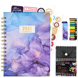 GNILLKO 2025 Planner, 2025 Weekly Monthly Planner with Tabs, Jan.2025 - Dec.2025 Daily Planner with Color Pen, Sticky Notes and Stickers, 6.2" x 8.5", Elastic Closure, Inner Pocket - Purple Marble