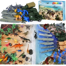 MOONTOY Army Men and Dinosaur Military Playset, 128PCS Toy Soldiers with Tanks, Jets, Missiles, Vehicles & Battle Mat, Army Men Action Figures, Christmas Birthday Gift for Kids Boys and Girls Ages 3+