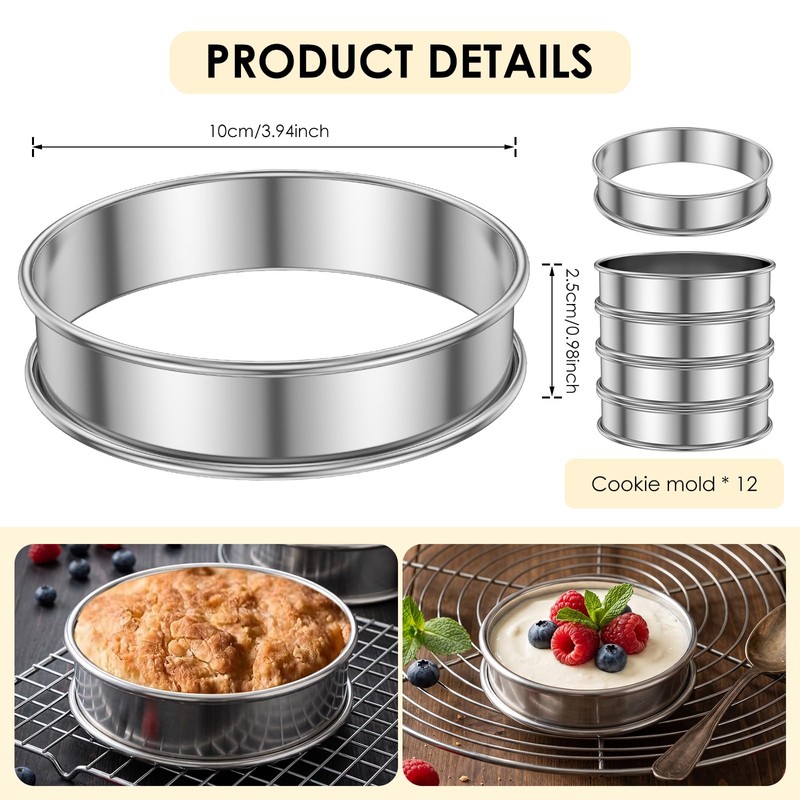 12 Pcs Crumpet Rings 10cm Stainless Steel Baking Rings for