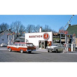 MARATHON SEVICE GAS STATION 55 CHEV,50'S FORDS COCA-COLA PHOTO 5x7 REPRINT