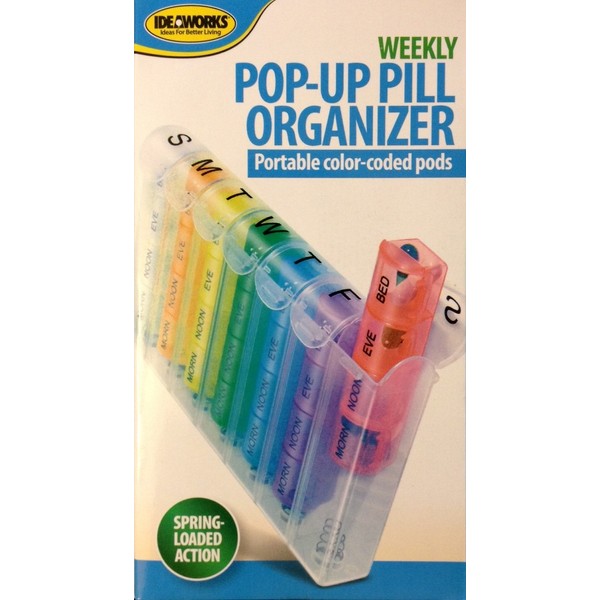 Pill Case | Portable Pop-up Pill Organizer | Weekly Color-Coded pods | Spring-Loaded Action | 28 Compartments | Large Vitamins Pills Organizer Great for Travel or Everyday Use