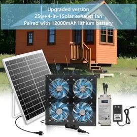 Solar Exhaust Fan with 12000mAh Battery,Solar Chicken Coop Powered Fan with 25W Solar Panel & 4 Pcs High-Speed Brushless DC Ventilation Fans for Greenhouses,Shed,Attics,Barns,Dog Houses & Windows