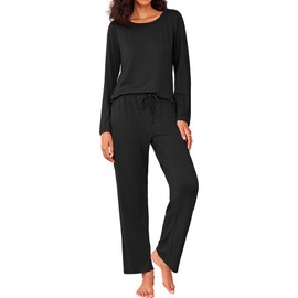 Ekouaer Womens Pajama Sets 2 Piece Pjs Sleepwear Soft Comfy Loungewear Long Sleeve Pullover Top and Pants Black S