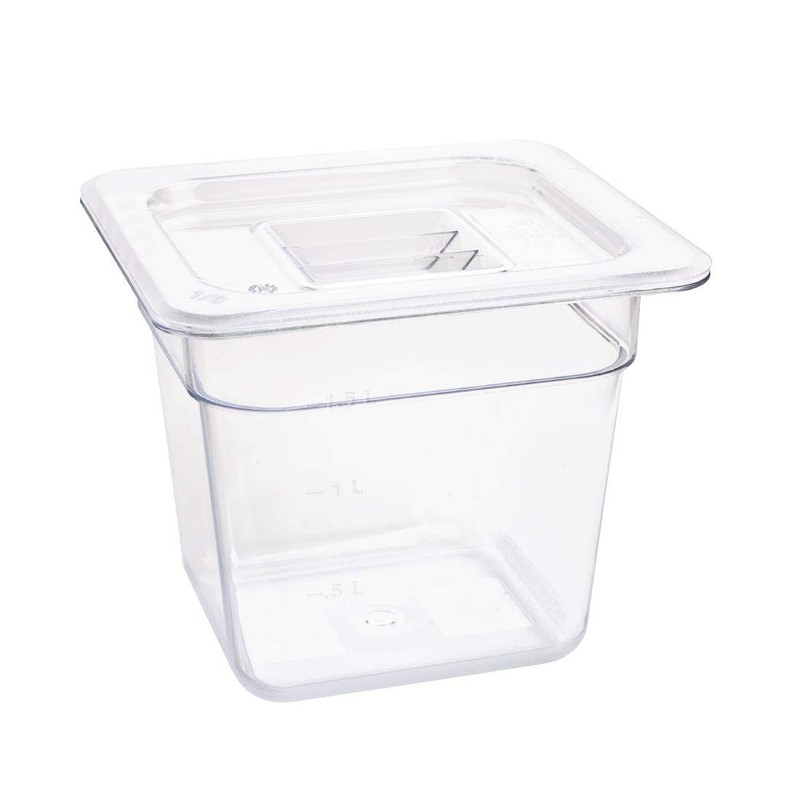 Vogue Reusable Polycarbonate Plastic 1/6 Gastronorm Container 150mm, Clear, Food