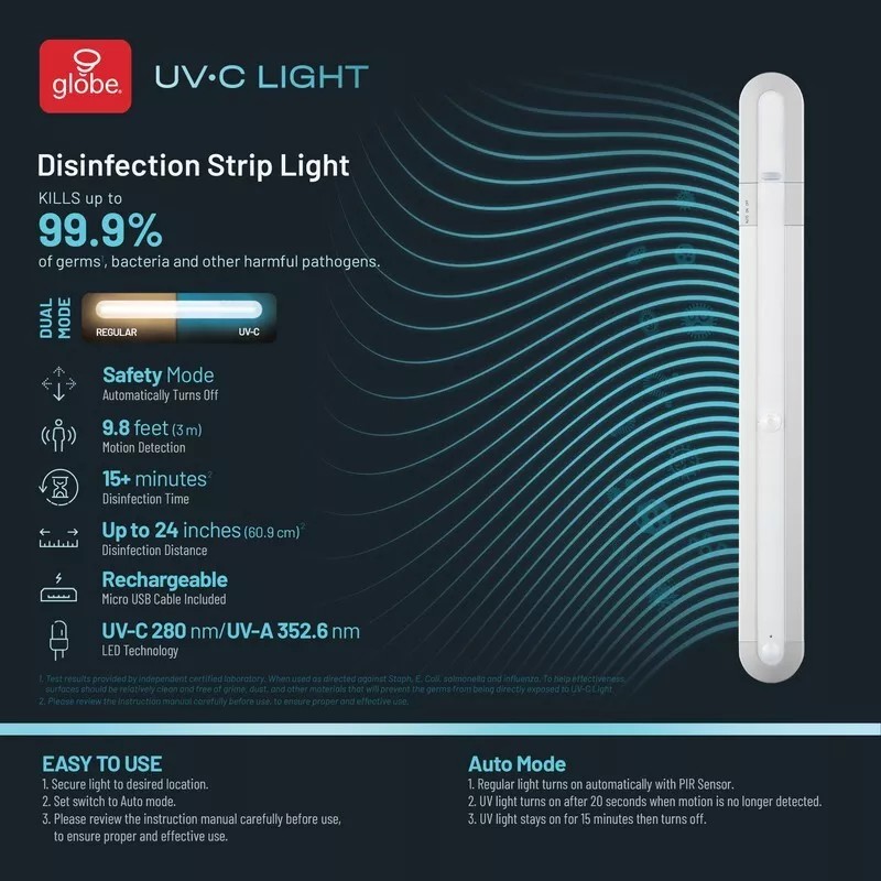 Globe Electric Disinfecting Germicidal Light 13.98 in. L White Battery