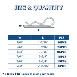 Tugermoola 118PCS 6 Sizes Cotter Pin Assortment Kit Zinc Plated Steel R Shaped Small Hardware Hitch Pins Clip Cotter Pins Set OLA010-118