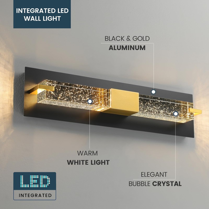 WOSHITU LED Wall Sconce Light: 19 Inch Black & Gold