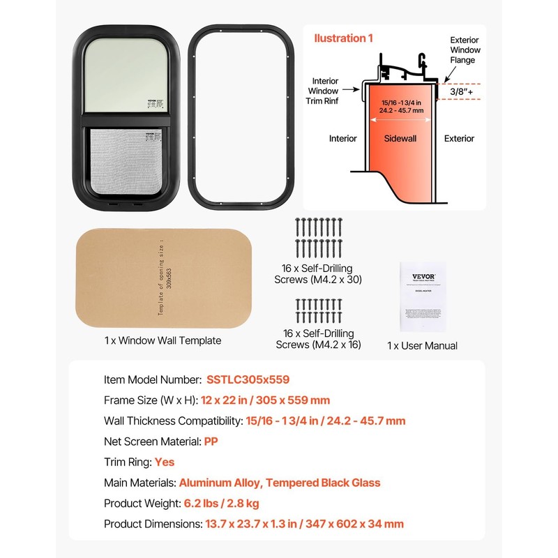 VEVOR Vertical RV Window, 12" W x 22" H Tinted