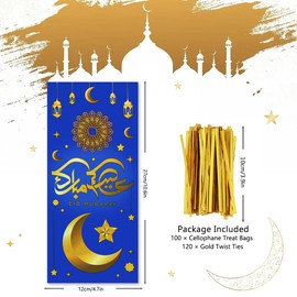Eid Cellophane Treat Bags, 100 Pcs Ramadan Mubarak Plastic Candy Bags with Twist Ties, Eid Moon Gift Bags Party Favor Bags For Muslim Islam Ramadan Theme Party